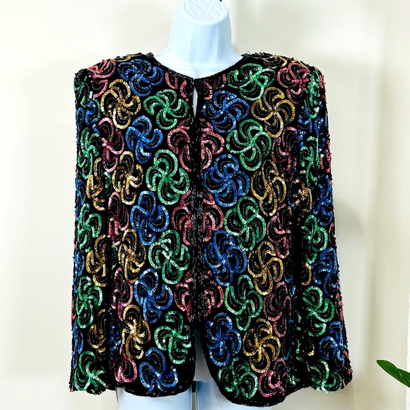 Lawrence Kazar Silk & Multicolor Sequin & Beaded Cardigan Jacket Size M